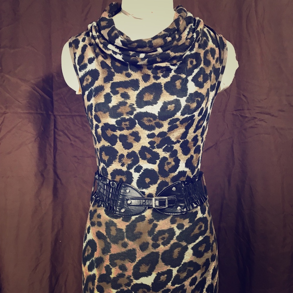 Fitted leopard skin cowl neck dress